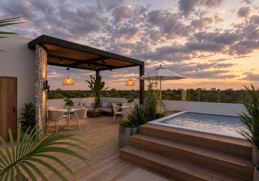 Rooftop de Embassy Gardens con Picuzzi, pérgola de madera y vistas al bosque