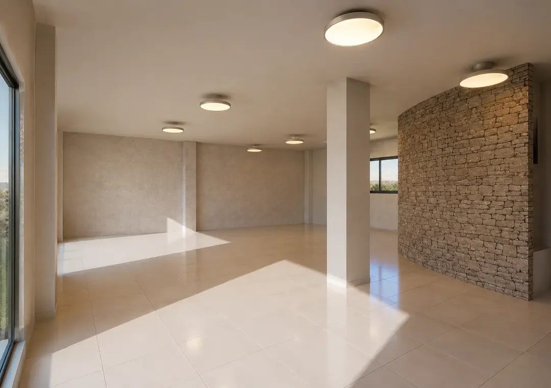 Salón multiuso de Embassy Gardens, amplio y diáfano, con suelo beige, muro curvo de piedra a la derecha, ventanal de doble altura a la izquierda y lámparas circulares suspendidas