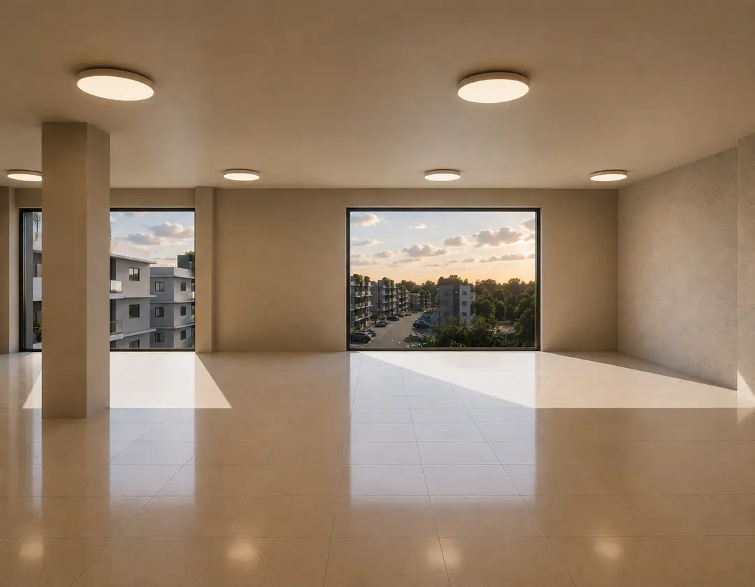 Salón multiuso visto de frente, con ventanales de marco negro de piso a techo y vista a los edificios y árboles del proyecto